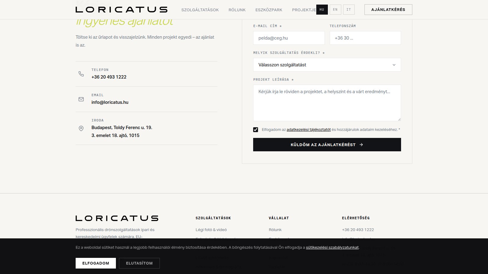 Loricatus céges weboldal — kezdőképernyő
