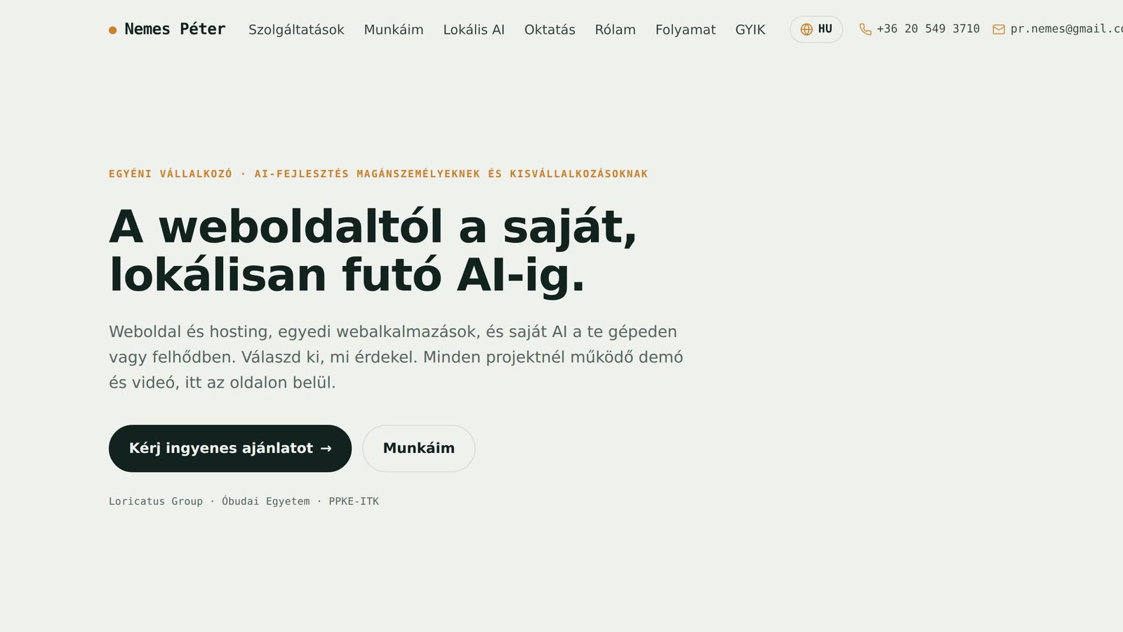 Ez a portfólió oldal — kezdőképernyő
