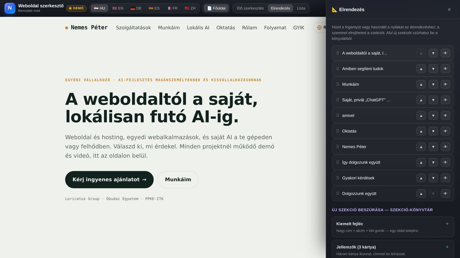 Weboldal szerkesztő — a szerkesztő felülete